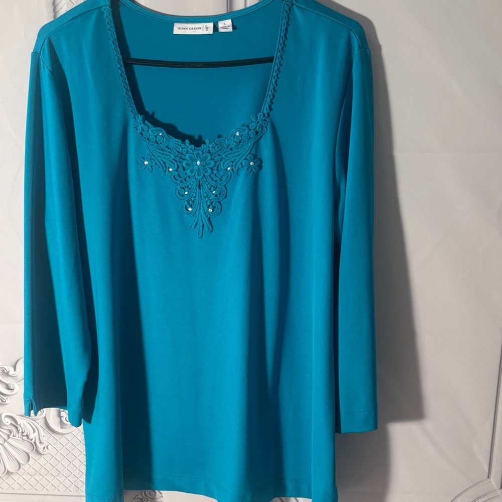 Susan Graver Teal Embroidered Blouse and Black Skirt Set, Skirt M/Blouse L - Picture 5 of 8
